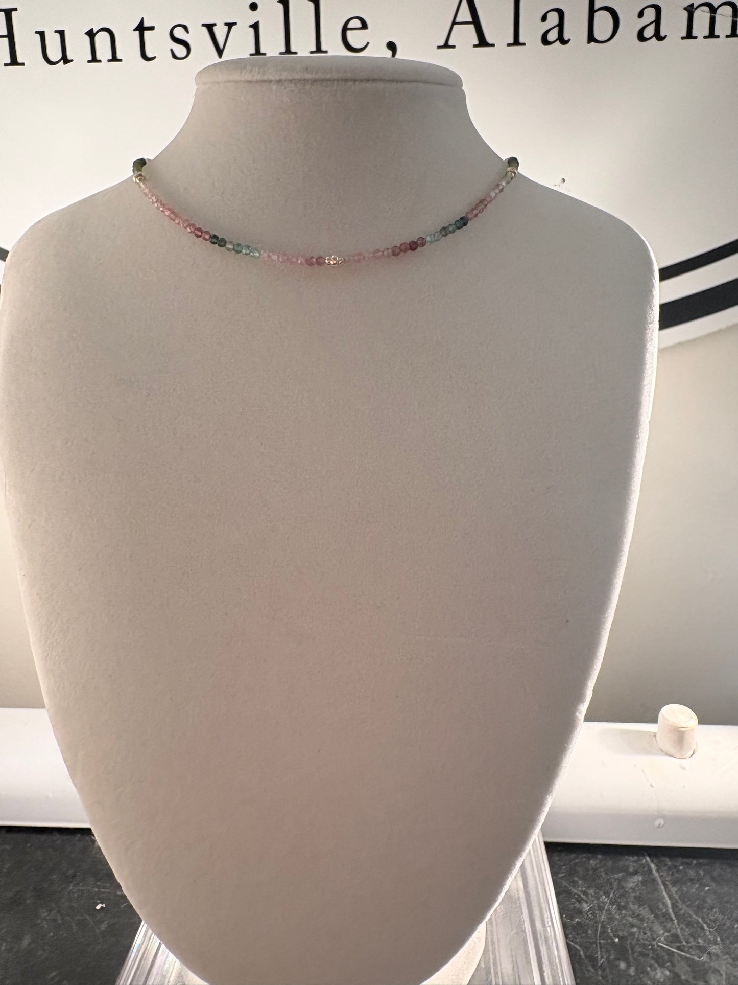 Watermelon Tourmaline Gold Station Necklace