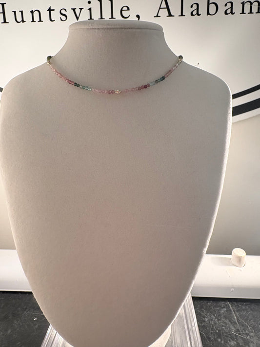 Watermelon Tourmaline Gold Station Necklace