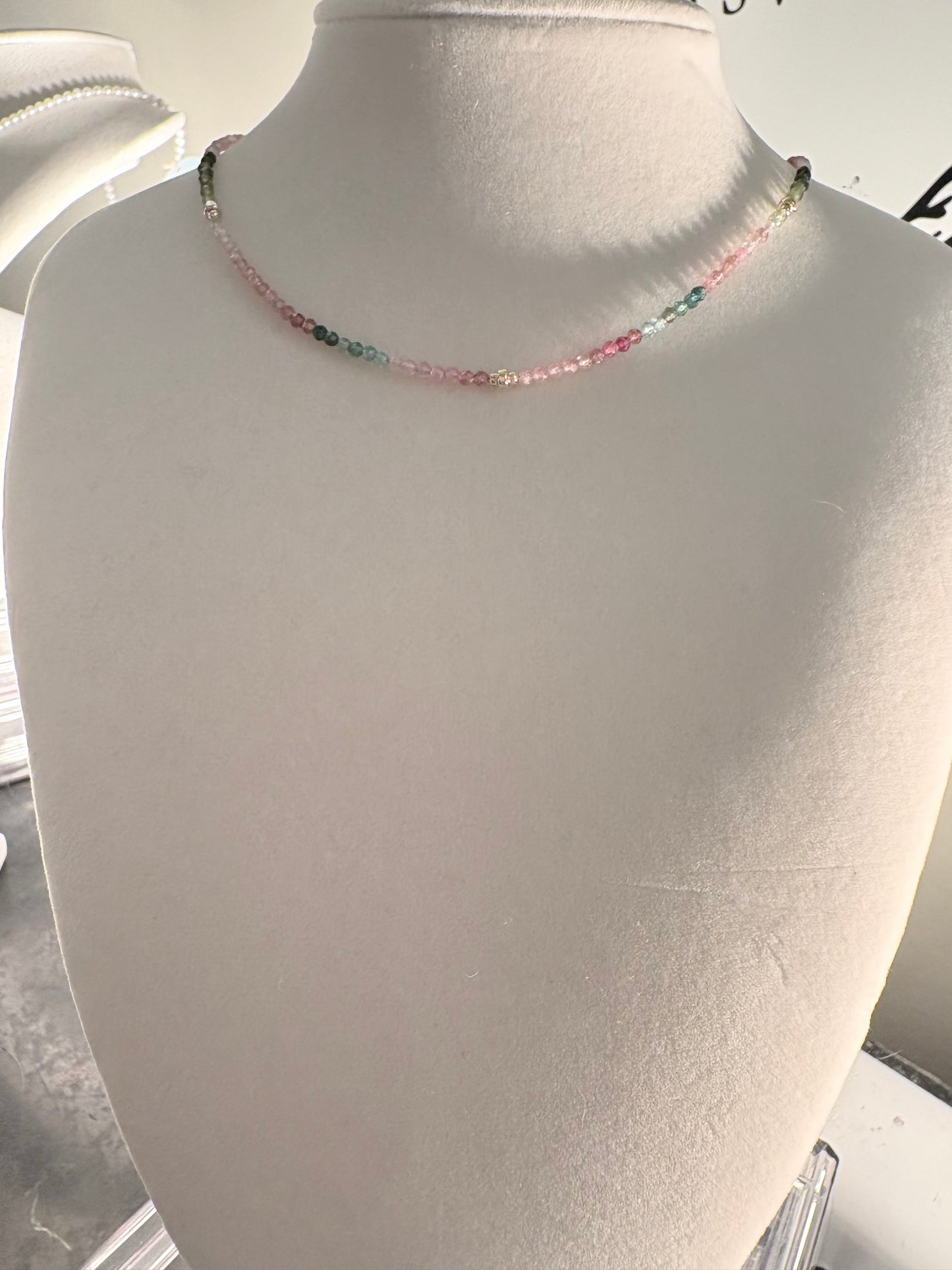 Watermelon Tourmaline Gold Station Necklace
