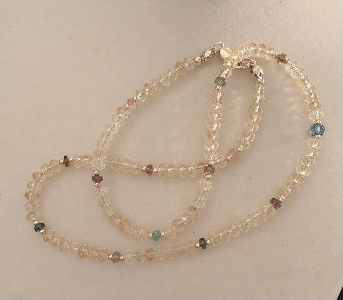 Citrine & Watermelon Tourmaline Station Necklace — 14K Gold Fill
