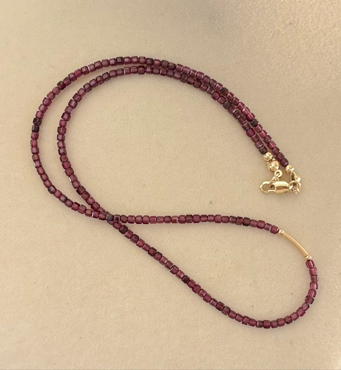 Dainty Rhodolite Garnet Cube Necklace — 14K Gold Fill